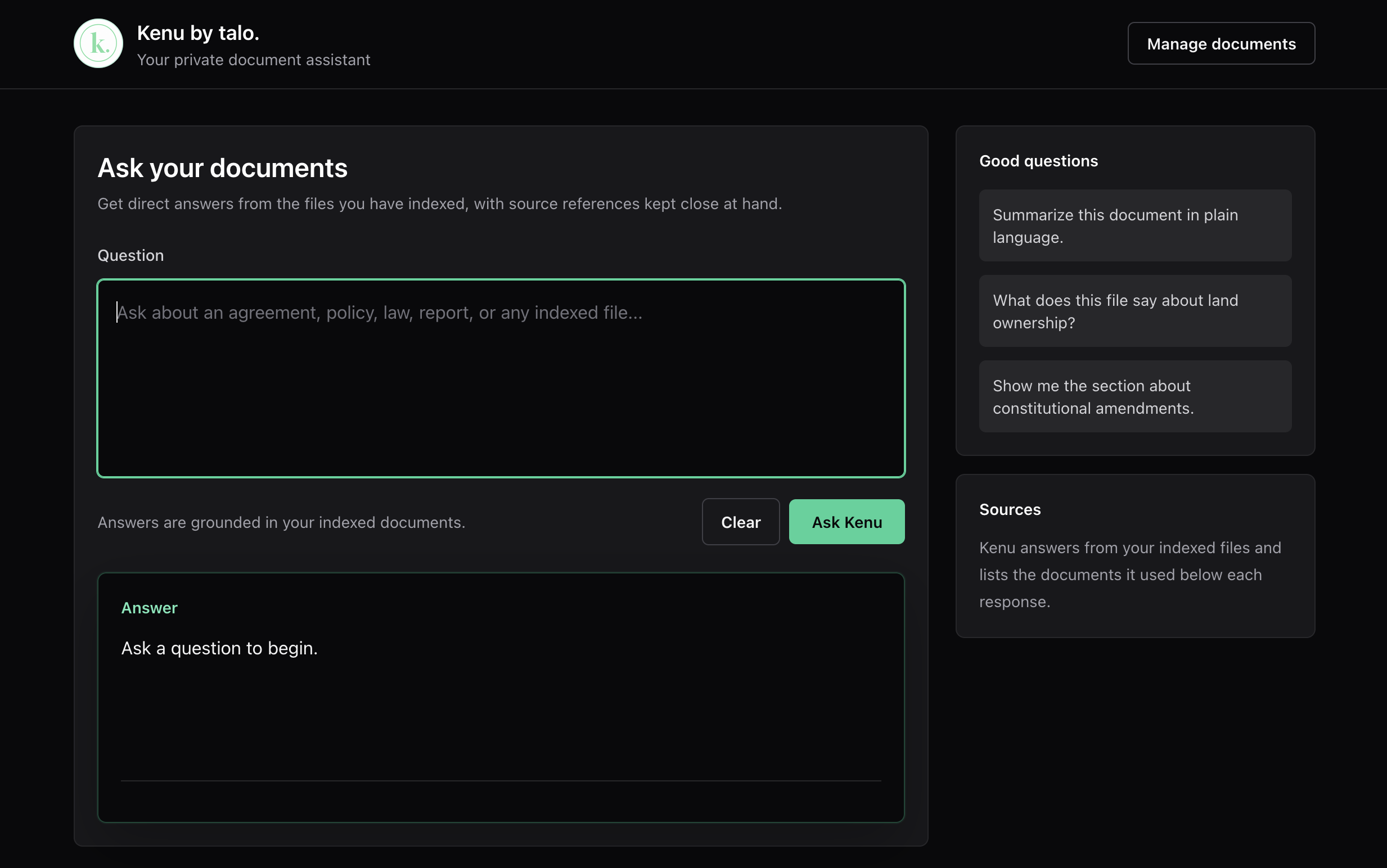 Kenu document assistant question screen